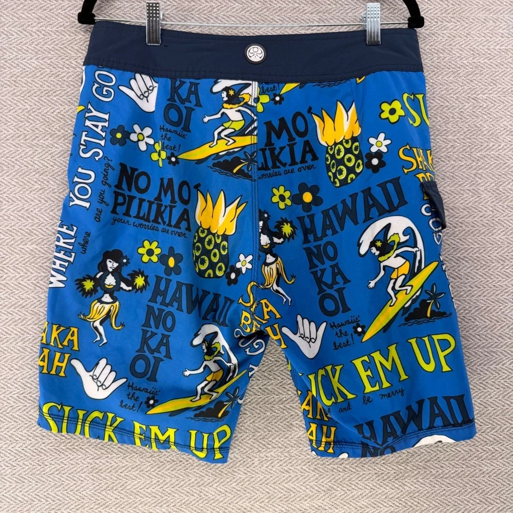 HIC Hawaiian Island Creations Board Shorts 31 Blue Polyester Spandex Surf Swim